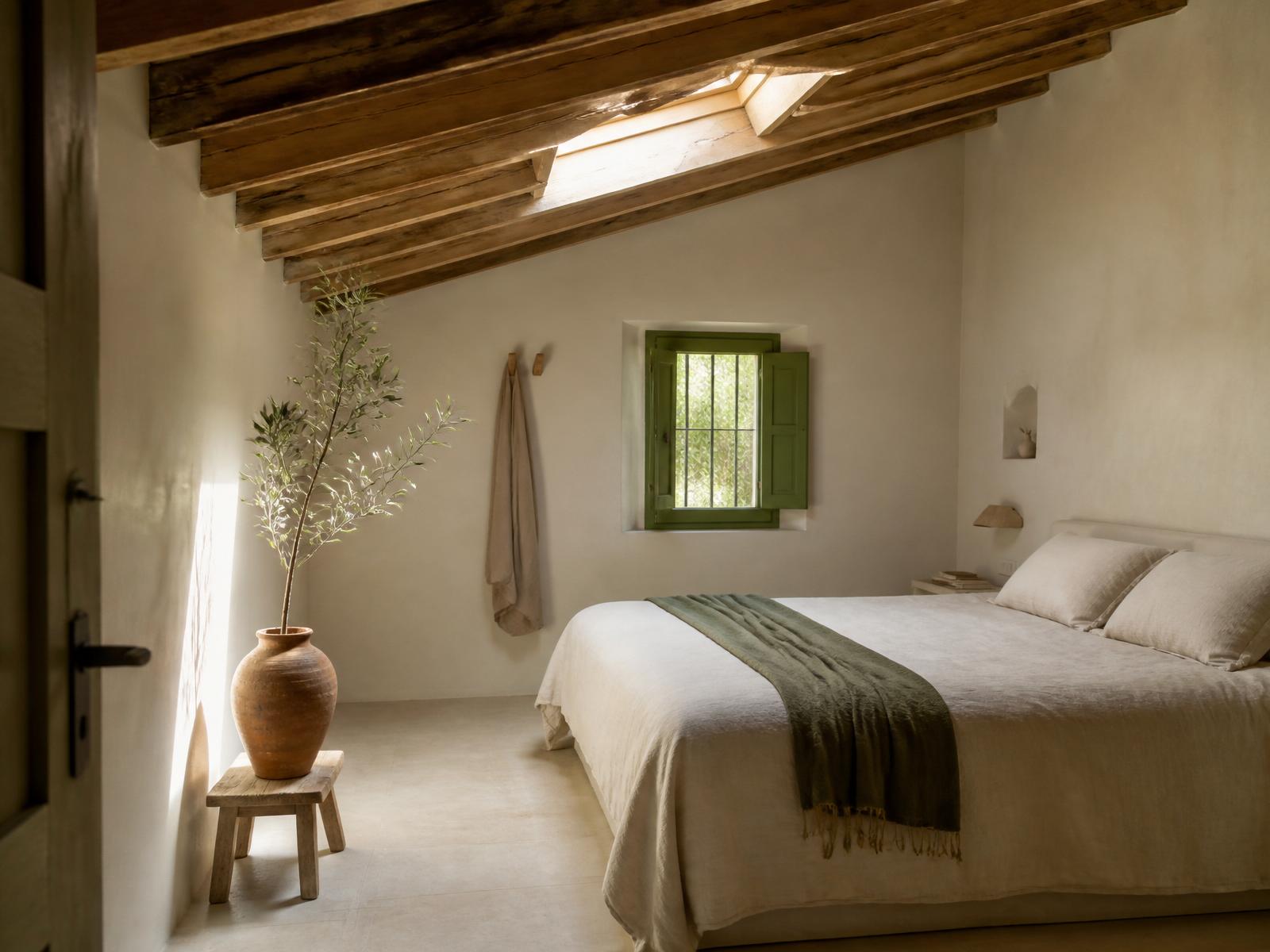 Habitación Luz — Purissima House, Benissa Habitación Luz en Purissima House: bajo cubierta, tragaluz proyectando un haz cálido sobre la cama, vasija de barro con olivo