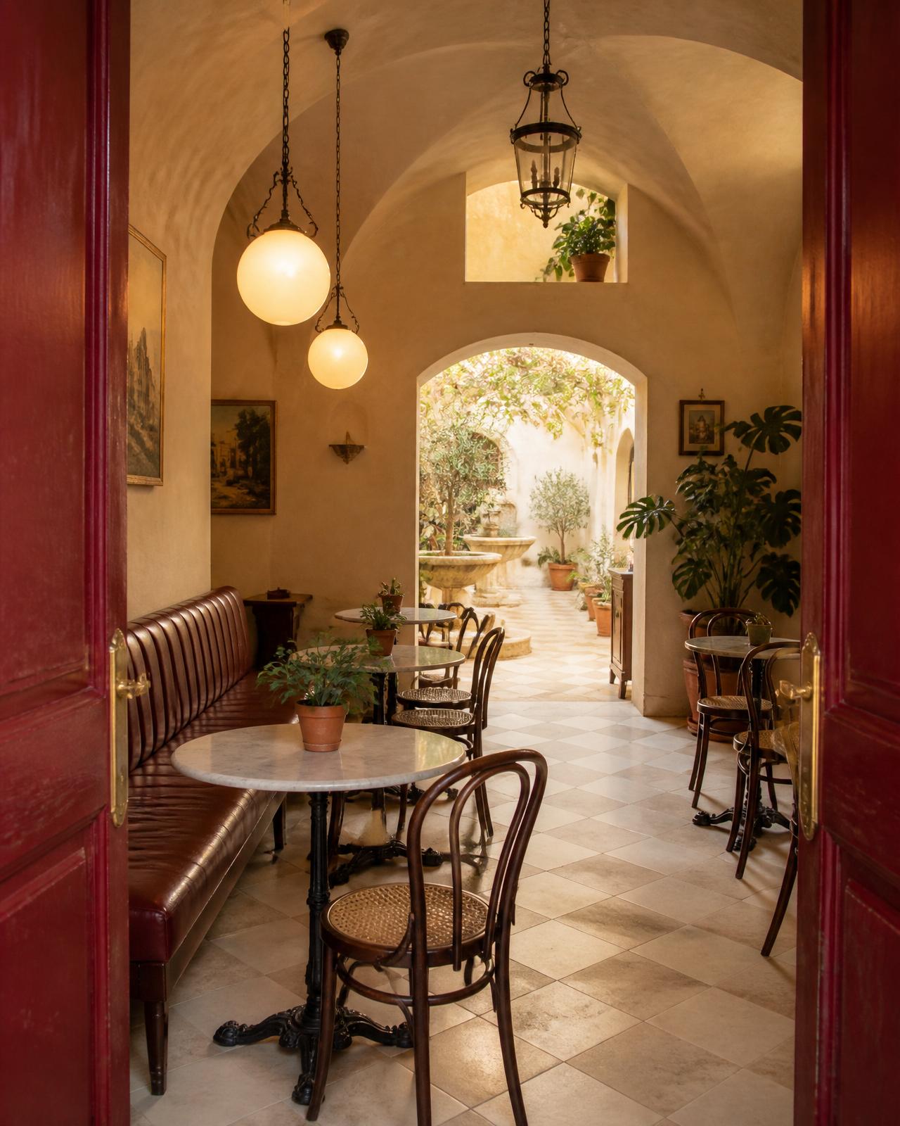 Xiqueta Café en la planta baja de Purissima House: mesas de mármol, sillas Thonet y un arco al fondo que abre al patio interior mediterráneo