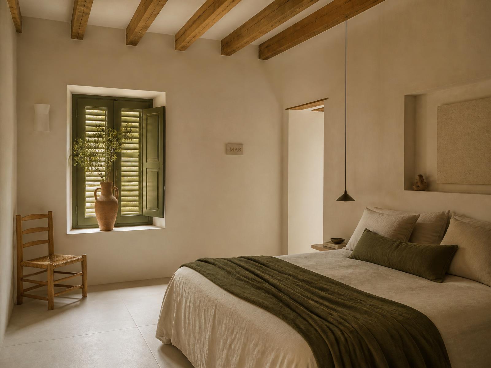 Habitación Mar — Purissima House, Benissa Habitación Mar en Purissima House: la más alta de la casa, contraventana de listones verde oliva filtrando la luz, vasija de barro con olivo en el alféizar