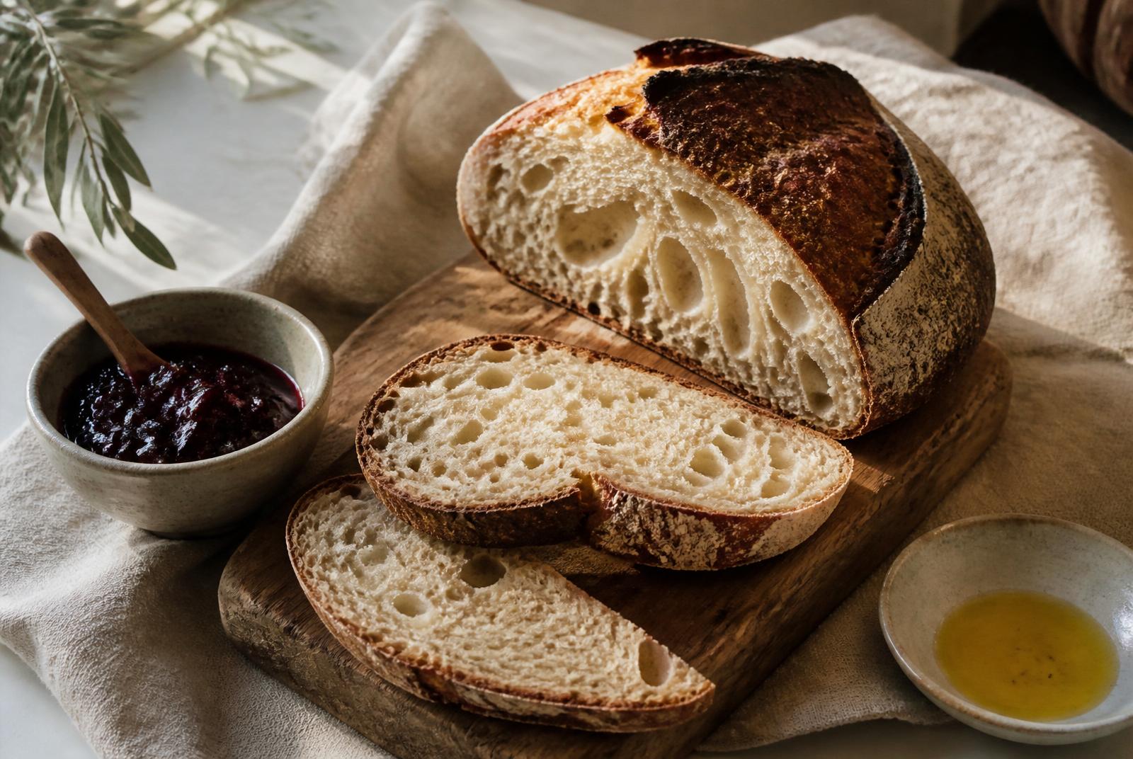 Rebanadas de pan de masa madre recién horneado sobre tabla de madera, con mantequilla en cerámica y mermelada casera bajo luz mediterránea