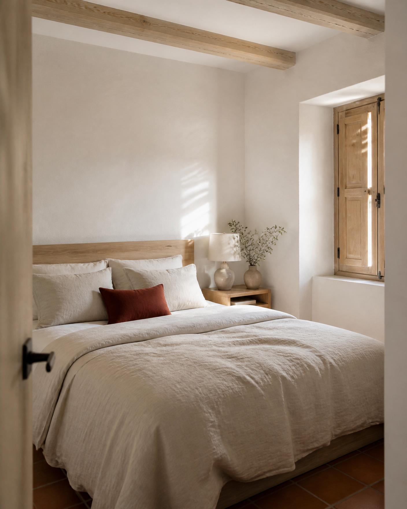 Habitación Lino — Purissima House, Benissa Habitación Lino en Purissima House: sillón grande, estanterías bajas y ropa de cama de lino natural bajo luz mediterránea