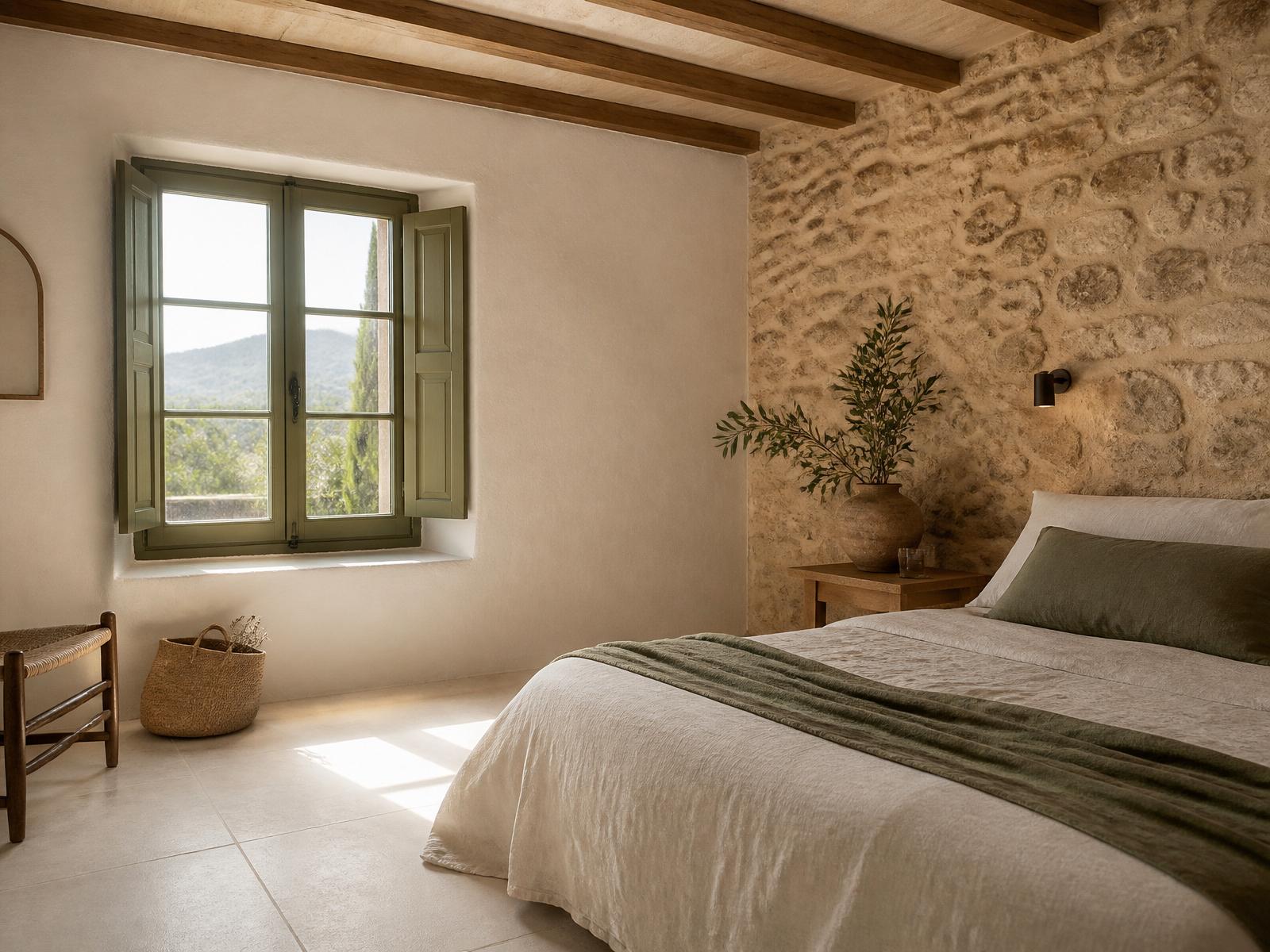 Habitación Piedra en Purissima House: pared de piedra vista, vigas de madera natural, textiles crema y oliva, ventana con marco verde oliva y rama de olivo en vasija de barro