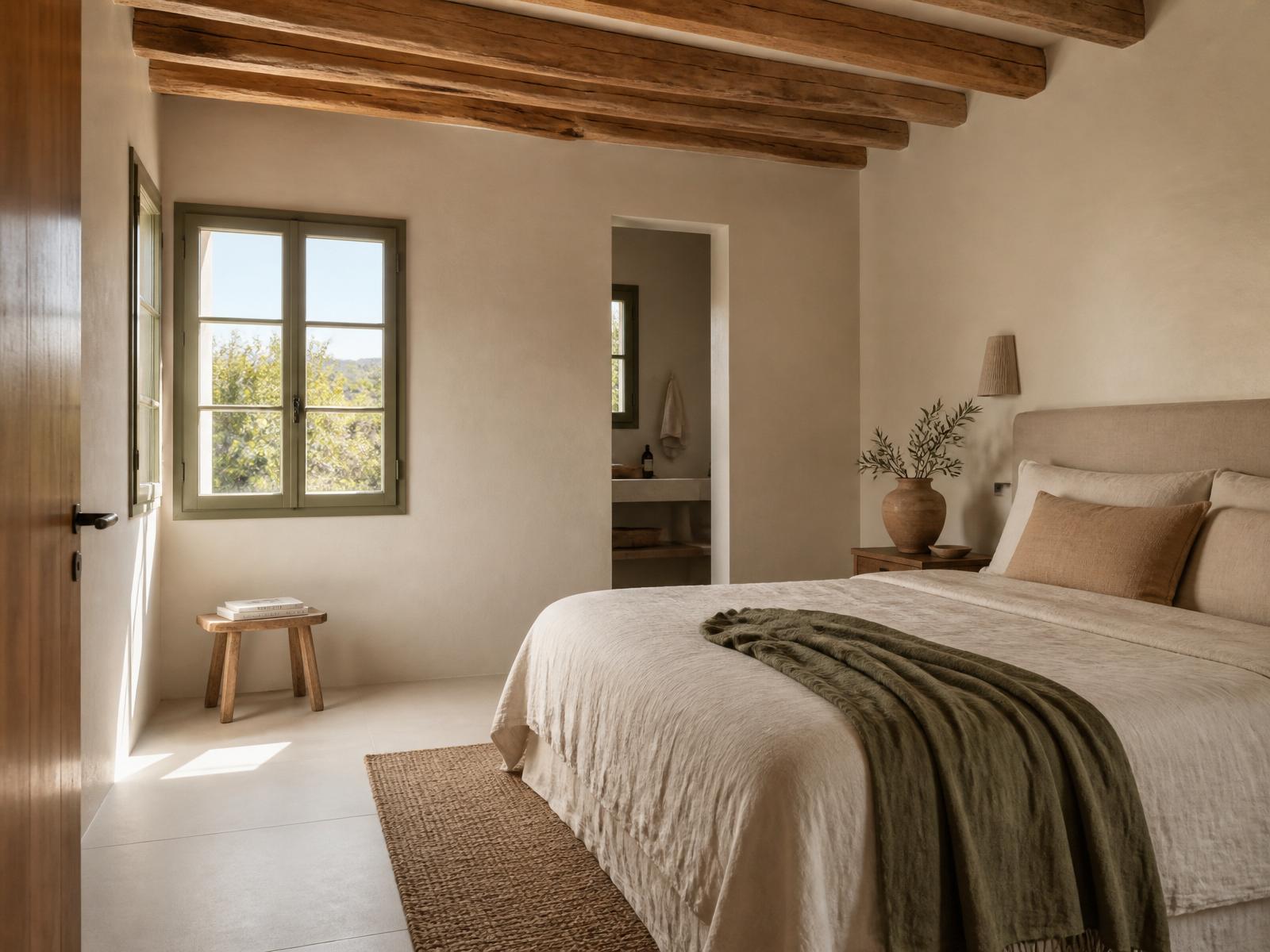 Habitación Tierra — Purissima House, Benissa Habitación Tierra en Purissima House: paleta terrosa en los textiles, alfombra de yute, cama de lino y vigas de madera natural