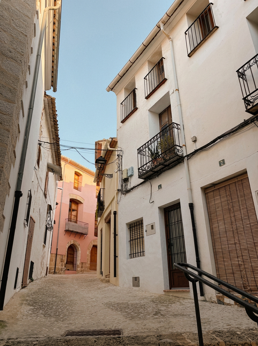 Callejón estrecho con fachada rosa al fondo que conduce al centro del pueblo