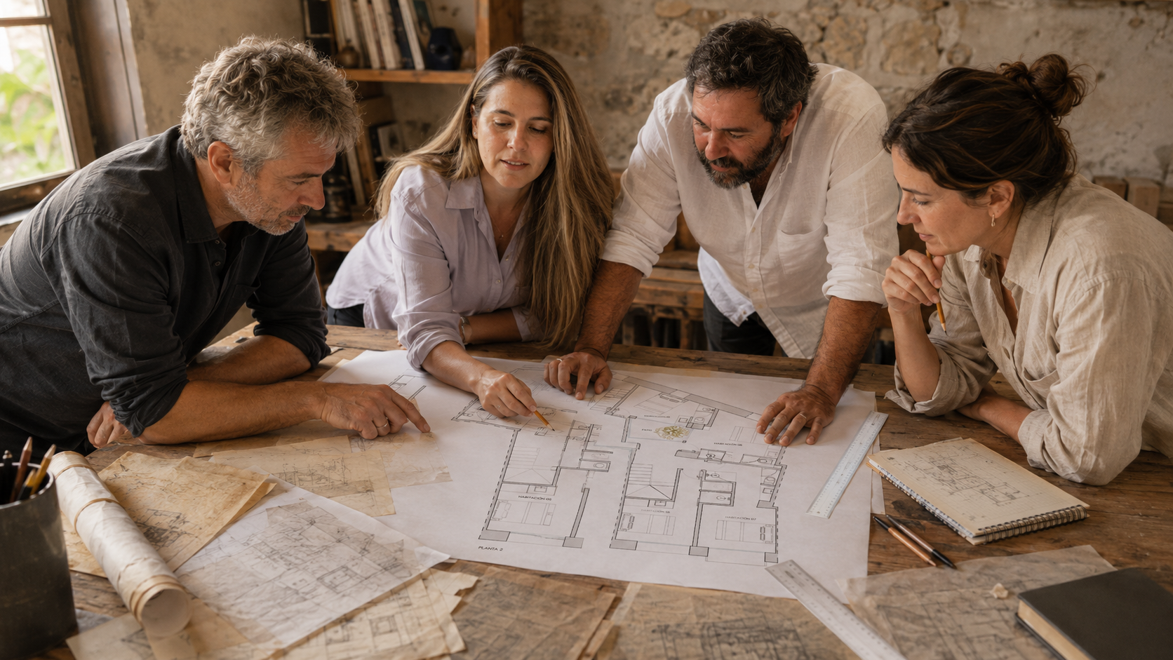 Carlos, Esther, Matías y Flor reunidos alrededor de una mesa de madera con planos y bocetos en una sala de muros de piedra.