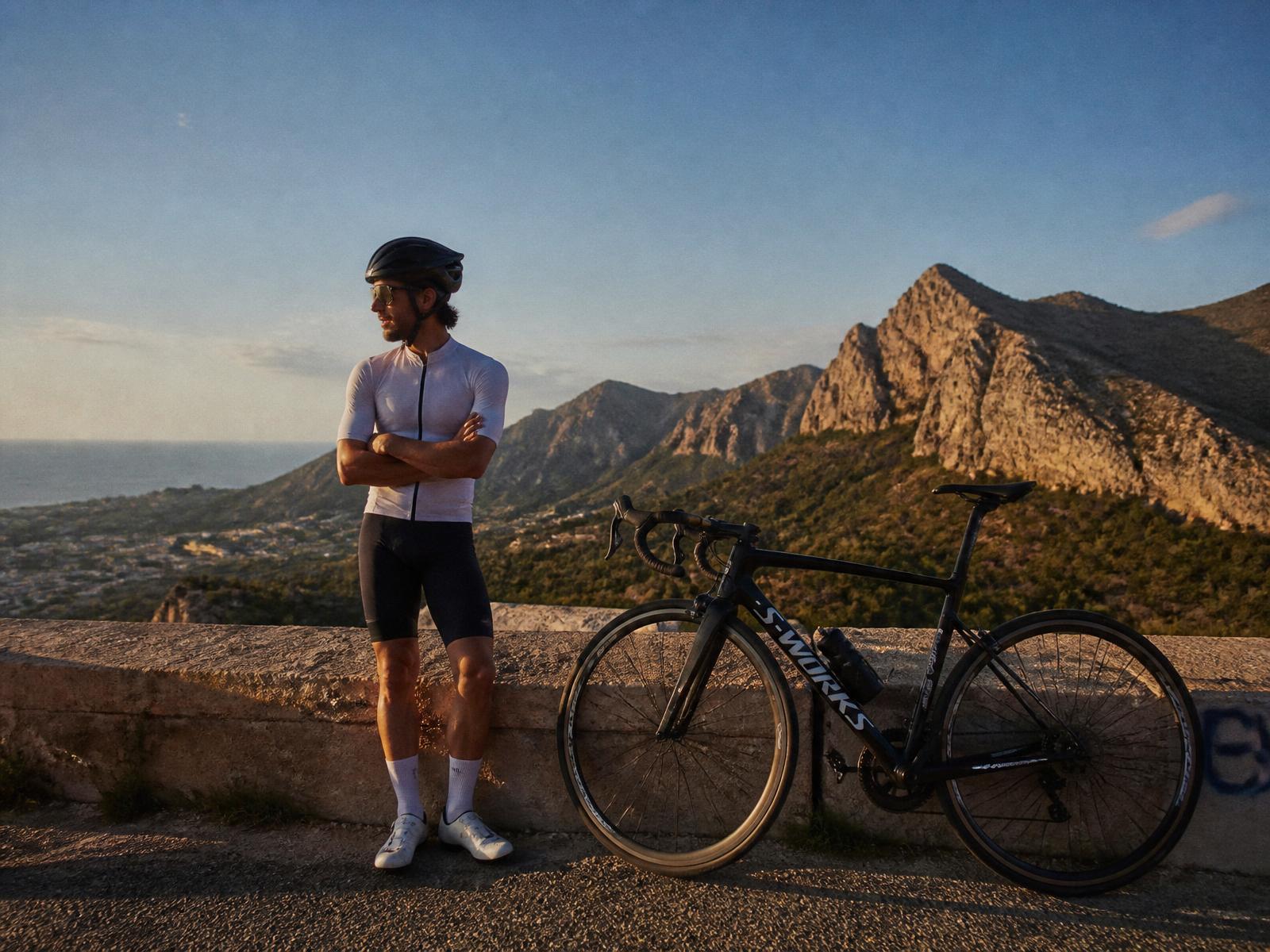 Ciclista de carretera con vistas a la Sierra de Bèrnia sobre el litoral de la Marina Alta