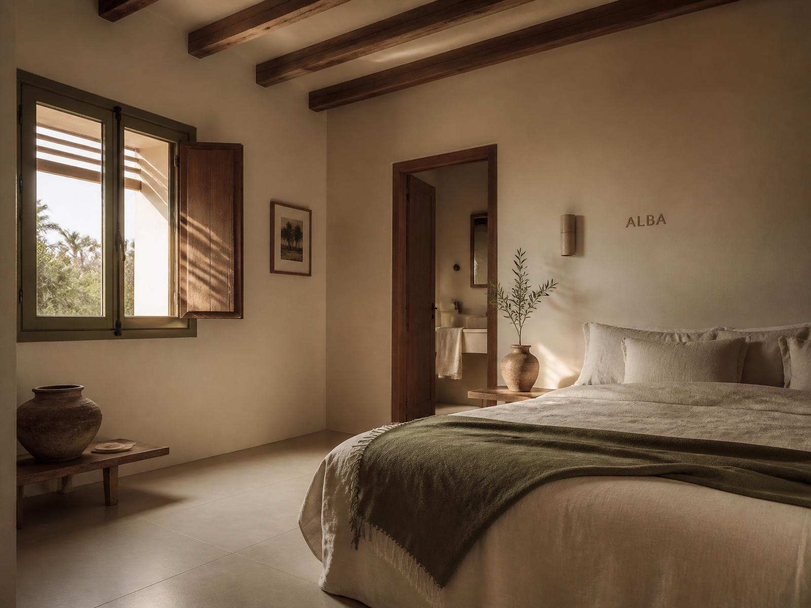 Habitación Alba — Purissima House, Benissa Habitación Alba en Purissima House: luz de amanecer entrando por contraventana de madera, vigas naturales, cama de lino crema y manta verde oliva