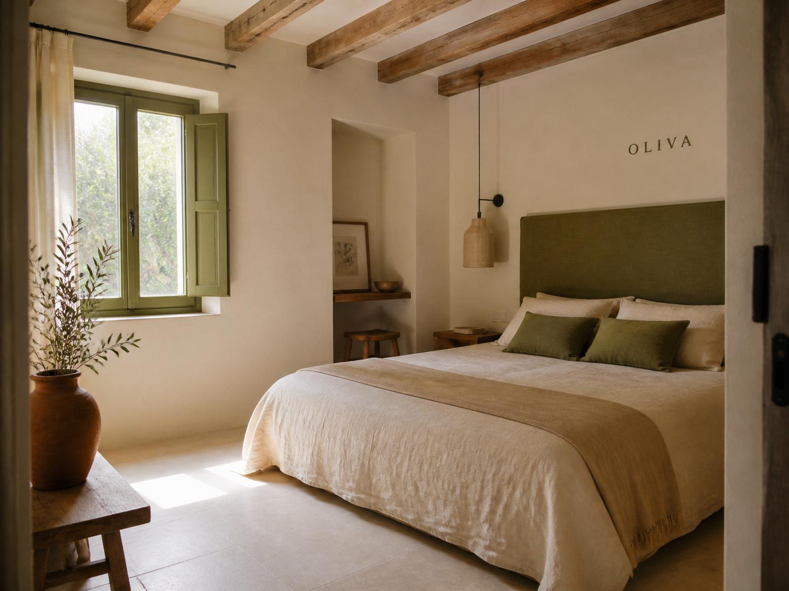 Habitación Oliva en Purissima House: cabecero de lino verde oliva, vigas de madera natural, cortina de lino crema y vasija de barro con olivo