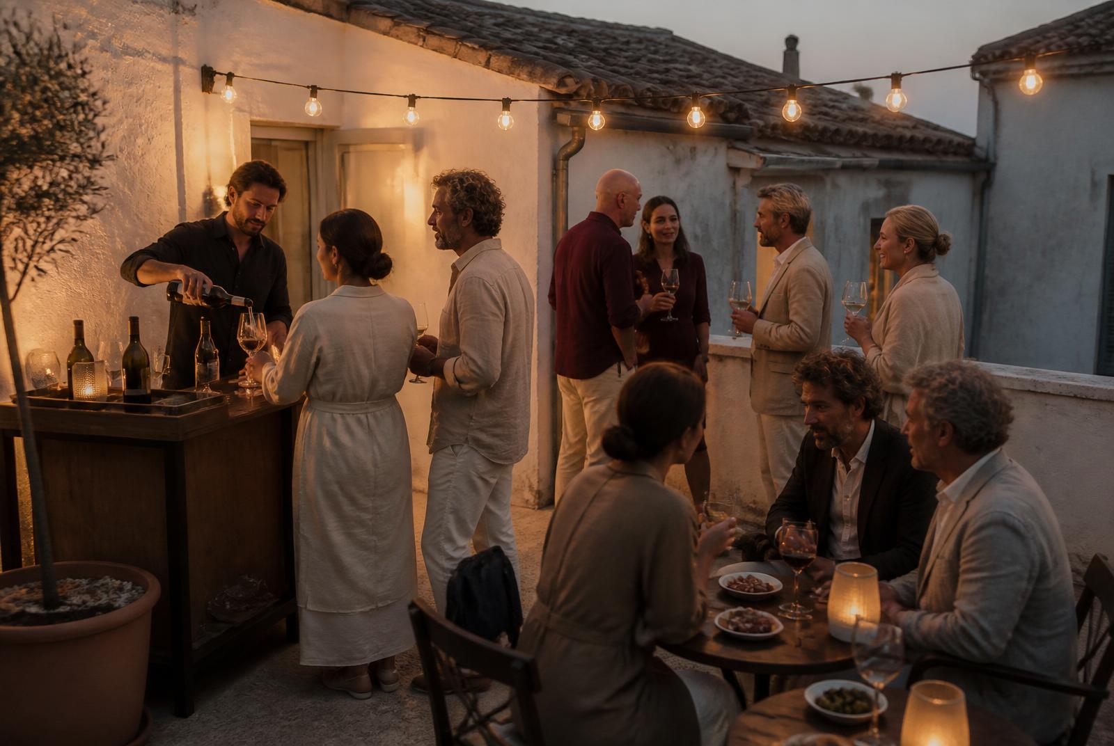 Cena privada de unos diez comensales en la azotea de Purissima House al atardecer: mesa larga de madera con mantel de lino, velas encendidas, ramas de olivo, cerámica artesanal y las cubiertas del casco histórico de Benissa al fondo