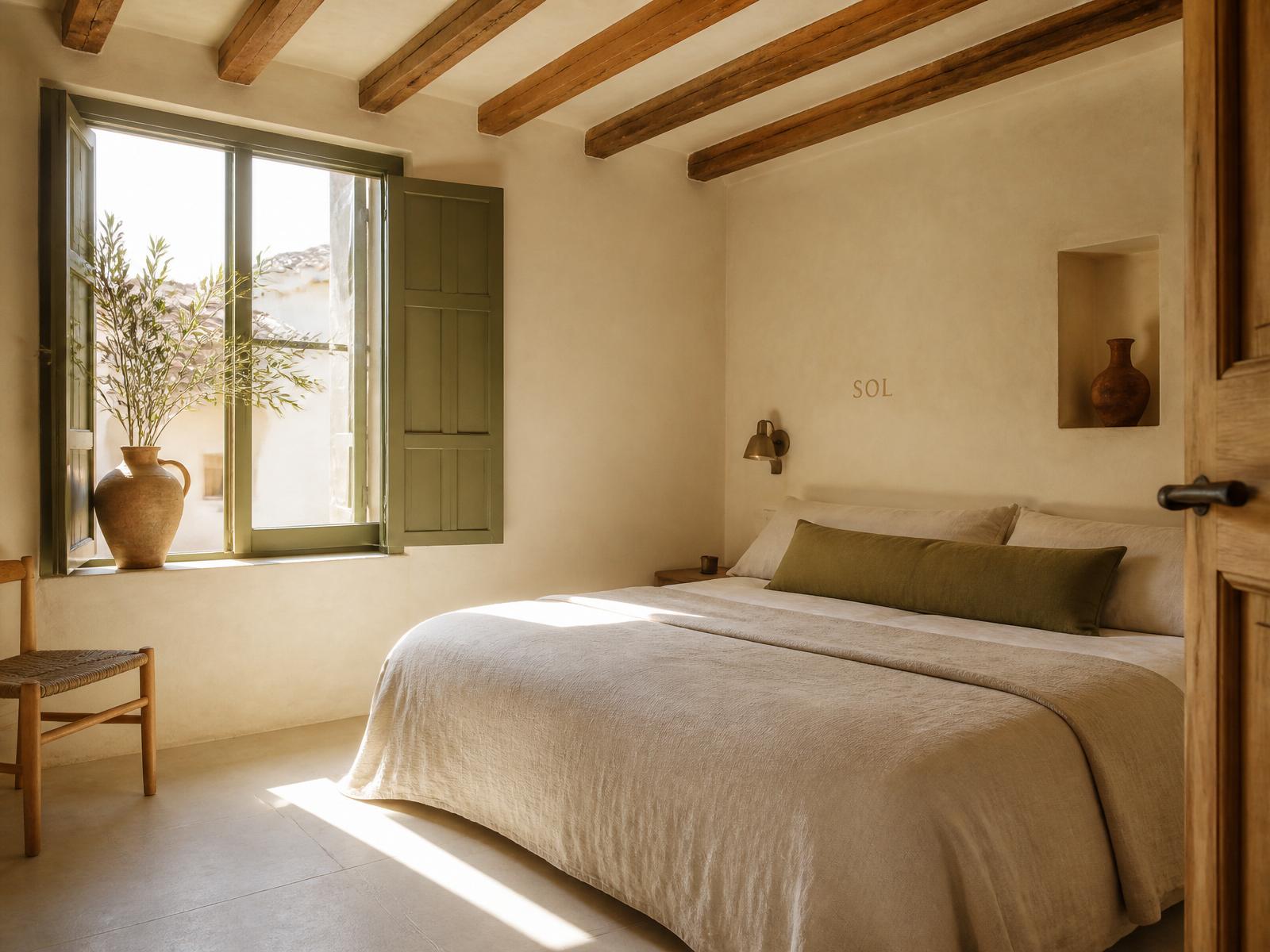 Habitación Sol — Purissima House, Benissa Habitación Sol en Purissima House: la más luminosa, sol de mediodía entrando por ventana de marco verde oliva, vasija de barro con olivo en el alféizar