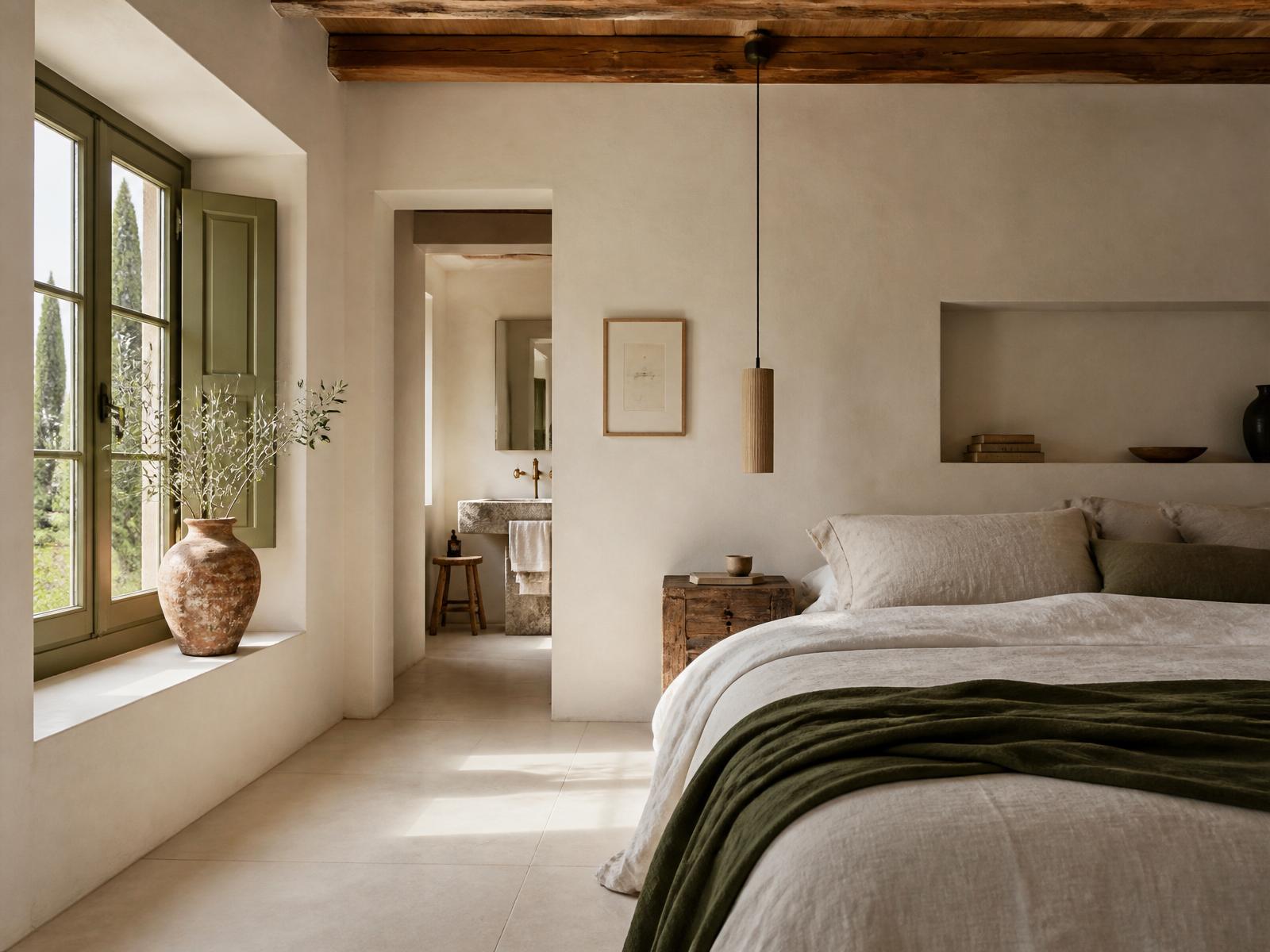 Habitación Cal en Purissima House: cal blanca templada, vigas de madera natural, suelo porcelánico beige claro, ventana con marco verde oliva y vasija de barro con olivo