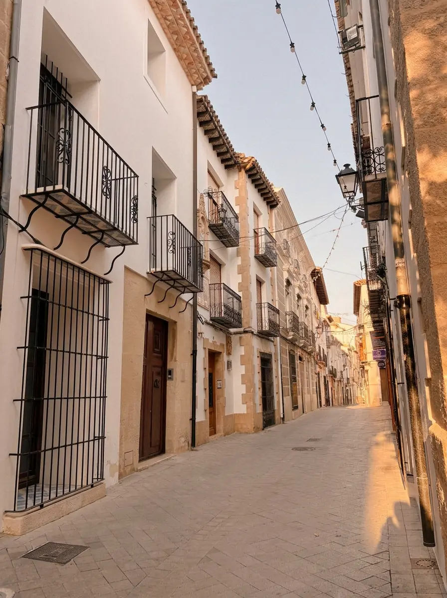 Callejón del casco antiguo de Benissa: fachadas de piedra dorada, balcones de hierro forjado y luz de la tarde
